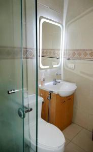 a bathroom with a toilet and a sink at Ecusuites Penthouse Torre Sol Aeropuerto Mall Del Sol in Guayaquil