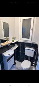 La salle de bains est pourvue de toilettes, d'un lavabo et d'un miroir. dans l'établissement Kadıköy Holiday Home, à Istanbul