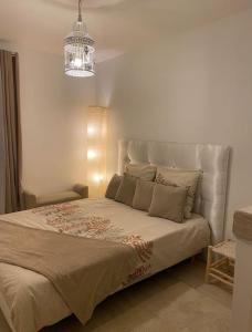 a bedroom with a large bed with a chandelier at The place to B&B - vue lac, 3 chambres et parking privé in Évian-les-Bains