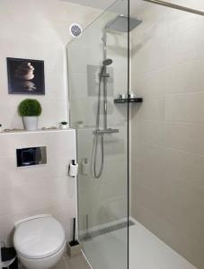 a bathroom with a toilet and a glass shower at The place to B&B - vue lac, 3 chambres et parking privé in Évian-les-Bains