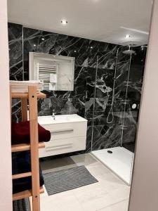 uma casa de banho com um lavatório e um espelho em Appartement Terrasse 4 personnes em Les Rousses