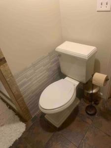 a bathroom with a white toilet in a room at Entire 1 Bedroom Top Floor Rental Unit with Patio in Chicago