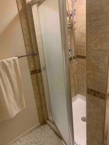a shower with a glass door in a bathroom at Entire 1 Bedroom Top Floor Rental Unit with Patio in Chicago
