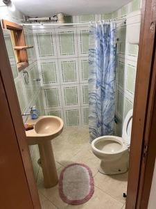 y baño con aseo, lavabo y ducha. en Casa na lagoa do Palmital, en Osório