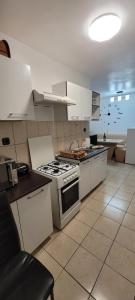 a kitchen with white cabinets and a stove top oven at Studio BDN in Sîngeorgiu de Mureş