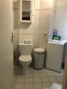 a small bathroom with a toilet and a trash can at Charmant studio grand balcon parking in Paris
