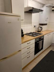 a kitchen with a white refrigerator and a stove at Aldgate flats in London