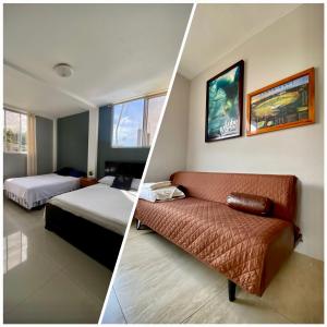 two pictures of a hotel room with a bed and a couch at Suite “Raya” in Puerto Ayora