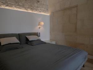 a bedroom with a gray bed with two pillows at Superbe appartement avec vue in Arles