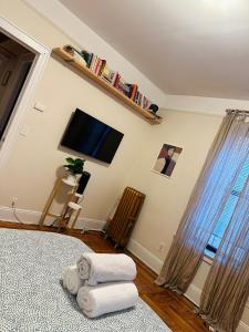a living room with a flat screen tv and towels at SUNNYside one bedroom apt in Woodside