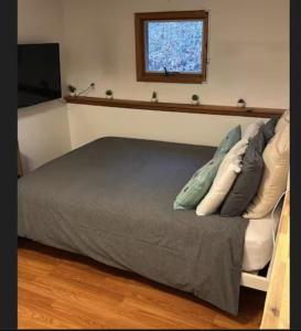 a bedroom with a bed with pillows and a window at Breezy Hill Eccentric Studio Cottage in Accord