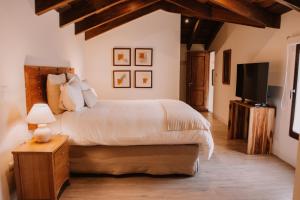 a bedroom with a large bed and a television at Bärehuus Boutique Hotel in Antigua Guatemala