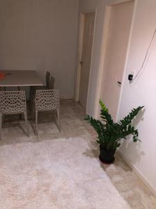 a dining room with a table and a potted plant at Quarto Duplo Costa brava in Guarujá
