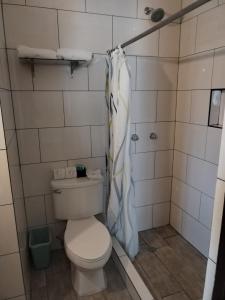 a bathroom with a toilet and a shower at Hotel Sevilla in Guatemala