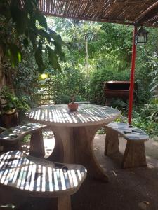 uma mesa de piquenique e dois bancos sentados sob um guarda-chuva em Alojamiento por día Merlo San Luis em Merlo