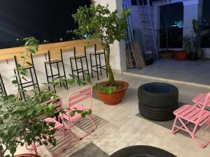 a group of pink chairs and a potted tree on a patio at HomeStay KV2 in Bình Thủy