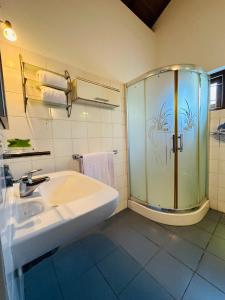 uma casa de banho com um lavatório e uma cabina de duche em vidro. em Haus Berlin em Negombo
