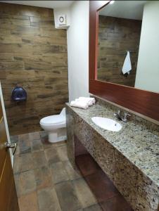 La salle de bains est pourvue de toilettes, d'un lavabo et d'un miroir. dans l'établissement La ocotera hotel de montaña, à San Marcos