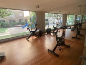 a gym with a bunch of exercise bikes in a room at Apartamento completo amoblado Santiago cercano Movistar Arenas in Santiago