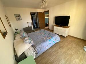 a bedroom with a bed and a flat screen tv at Casa Josefa in Pelluhue