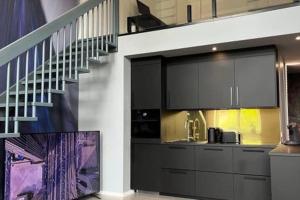 マクデブルクにあるDuplex Loft mit Gartenのキッチン(黒いキャビネット付) +15枚の写真