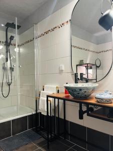 ein Bad mit einem Waschbecken und einer Dusche mit einem Spiegel in der Unterkunft Duplex Loft mit Garten in Magdeburg