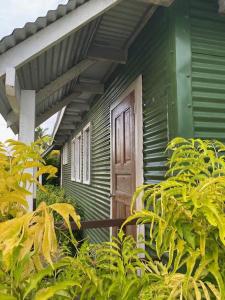 une maison verte avec une porte et quelques plantes dans l'établissement Camp Taveuni, à Matei