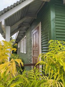 a green house with a door and some plants at Camp Taveuni in Matei