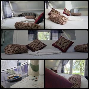 a collage of four pictures of a bed with pillows at Samabe Lake in Dambulla