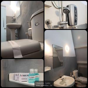 a collage of four pictures of a bathroom at Samabe Lake in Dambulla