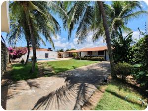 une maison avec des palmiers en face d'une allée. dans l'établissement Casa na Ilha da Crôa, à Barra de Santo Antônio