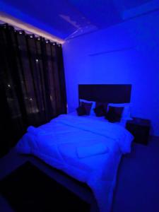 a blue bedroom with a large bed with pillows at ABP Studio's in Ghaziabad