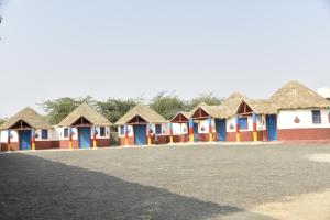 a row of colourful houses with thatched roofs at Rann Kutch Resort in Dhordo
