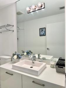 Pool Rooftop Luxury loft Miami Downtown, Brickell في ميامي: حمام أبيض مع حوض ومرآة