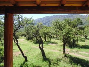 vistas a un campo con árboles y montañas en Cabaña Los Piquillines en Cortaderas