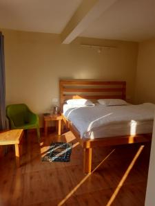 um quarto com uma cama e uma cadeira verde em Chandra homestay kainchidham em Nainital