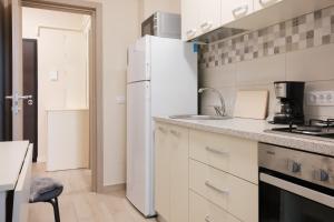 a kitchen with a refrigerator and a sink at Konstanzer 44 - 1 camera, bucaterie, aer conditionat, masina de spalat in Iaşi