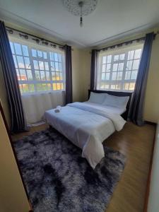a large bed in a bedroom with two windows at Blissful Kisumu Milimani Haven in Kisumu