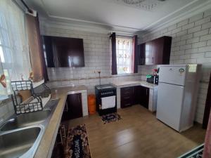 a kitchen with a sink and a white refrigerator at Blissful Kisumu Milimani Haven in Kisumu