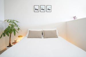 ein weißes Schlafzimmer mit einem weißen Bett und einer Pflanze in der Unterkunft Studio 10 / Tenerife in Chayofa