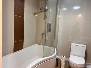 a bathroom with a bath tub and a toilet at Exquisite 2 bedroom, Sleeps 4, Wifi LONG STAY WORK LEISURE CONTRACTOR - Lolite Apartment in Cambridge