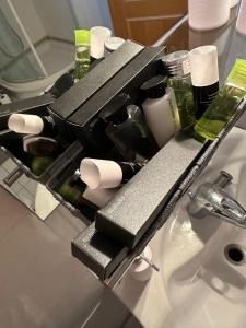 a bathroom counter with a sink with toiletries on it at Dogs Resort and Spa in Horní Bezděkov