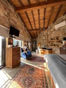 1 dormitorio con 1 cama y TV en una habitación en taş ev, en Karaburun