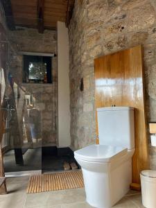 y baño con aseo en una pared de piedra. en taş ev en Karaburun