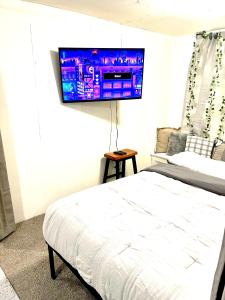 a bedroom with a bed and a flat screen tv on the wall at Two Bedroom Villa Studio with fireplace & Living room in Detroit