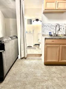 a kitchen with a couch and a sink and a bathroom at Two Bedroom Villa Studio with fireplace & Living room in Detroit +4 photos