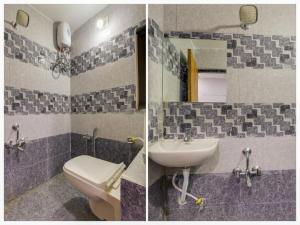 HOTEL KRISHNA في أحمد آباد: صورتين لحمام مع حوض ومرحاض