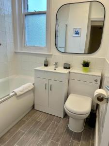 a bathroom with a toilet and a sink and a mirror at Hyde Brewery House - 2 bedroom house with parking in Winchester