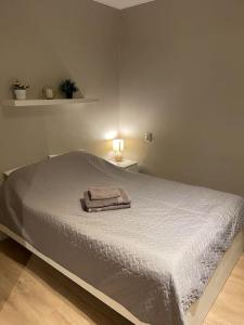 Cozy apartment close to Riga Airport في ريغا: غرفة نوم عليها سرير وفوط