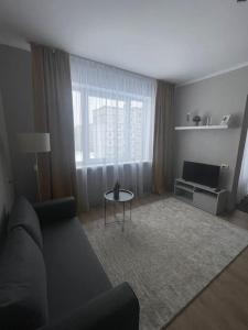 Cozy apartment close to Riga Airport في ريغا: غرفة معيشة مع أريكة وطاولة